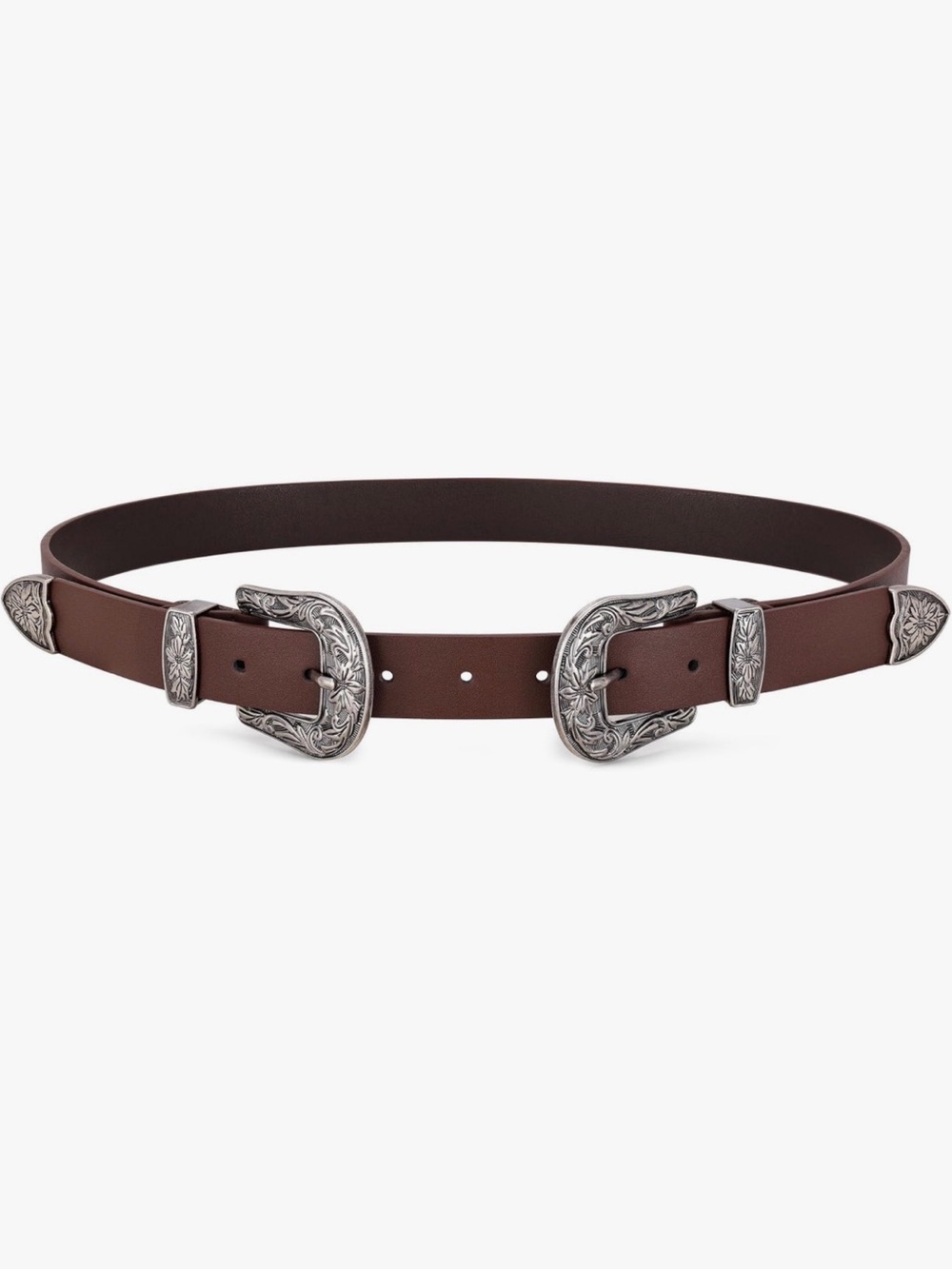 4 for $25- Double Buckle Western Style Leather Belt - Brown with Silver Hardware